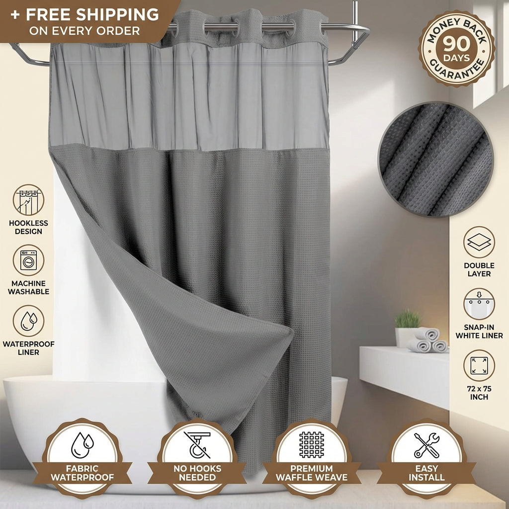Grey No Hook Shower Curtain with Snap in Liner- Anti mold