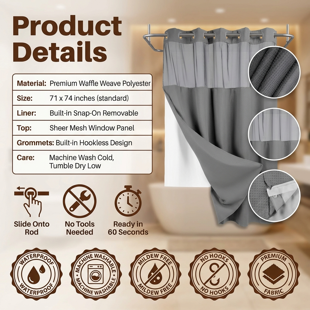 Grey No Hook Shower Curtain with Snap in Liner- Anti mold
