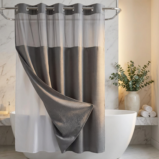 Grey No Hook Shower Curtain with Snap in Liner- Anti mold