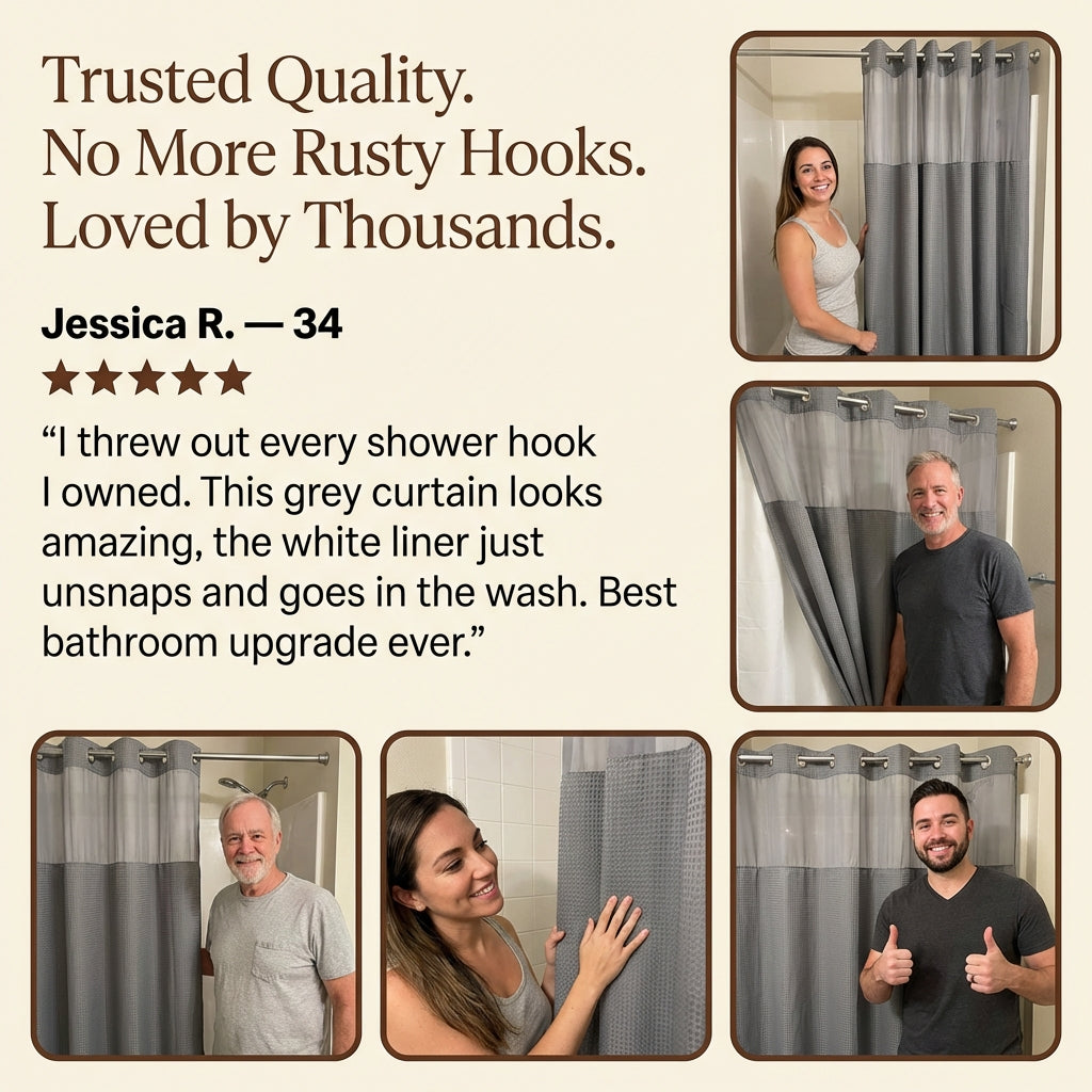 Grey No Hook Shower Curtain with Snap in Liner- Anti mold