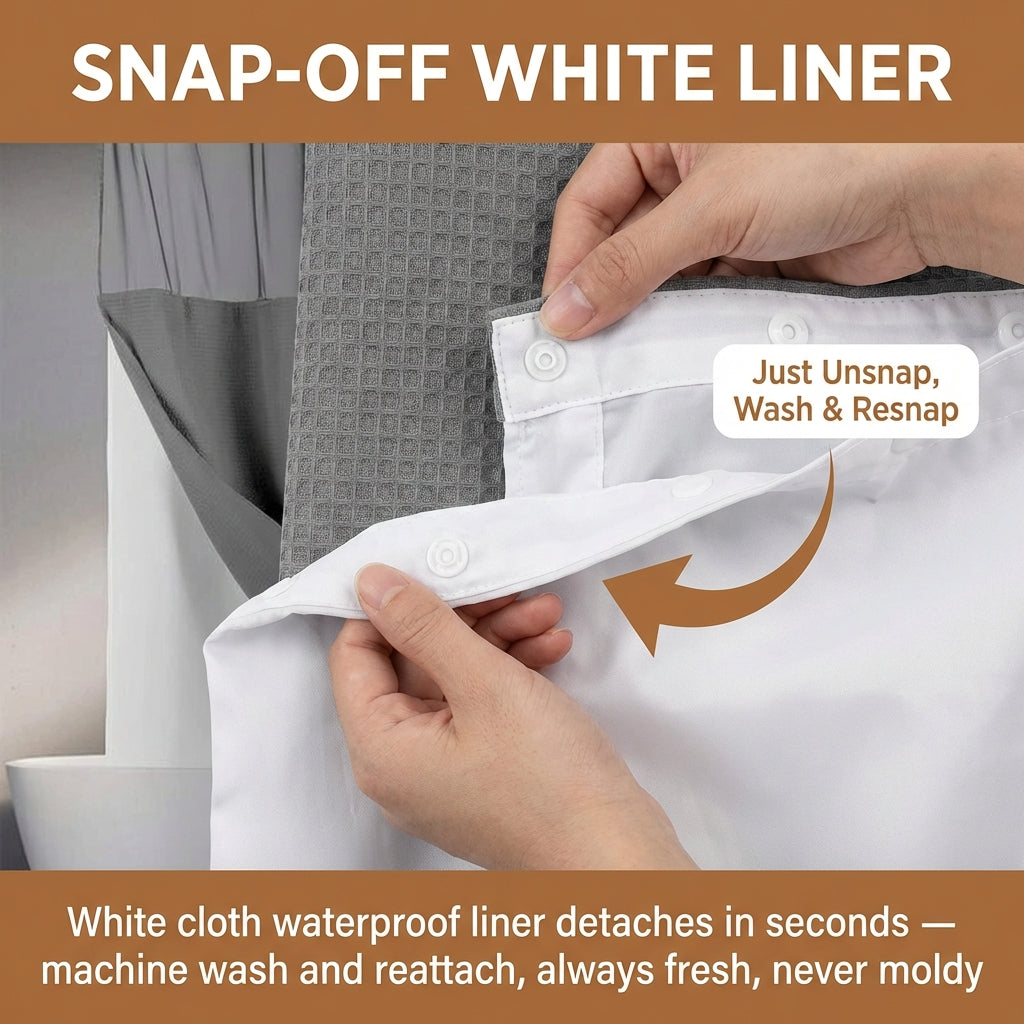 Grey No Hook Shower Curtain with Snap in Liner- Anti mold