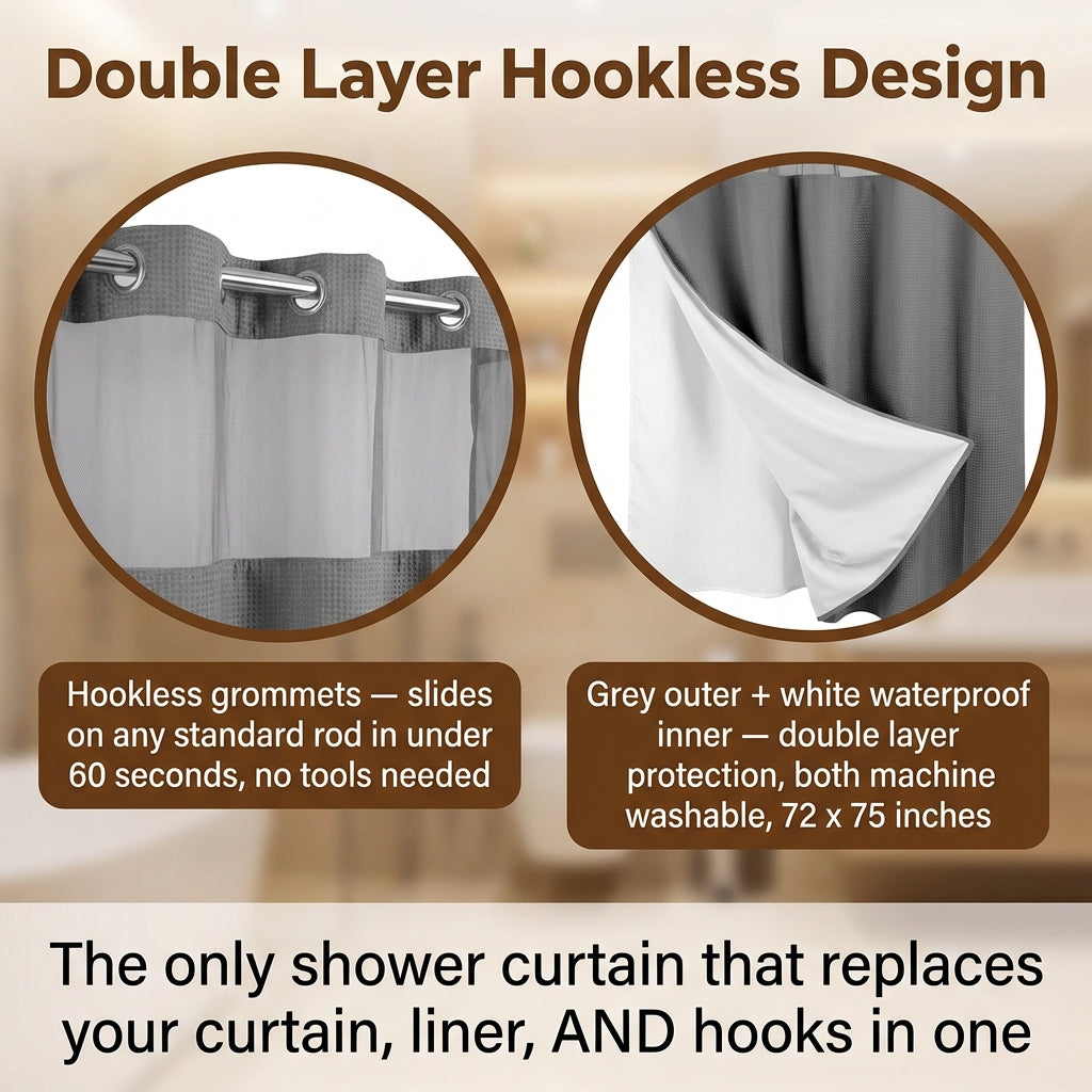 Grey No Hook Shower Curtain with Snap in Liner- Anti mold