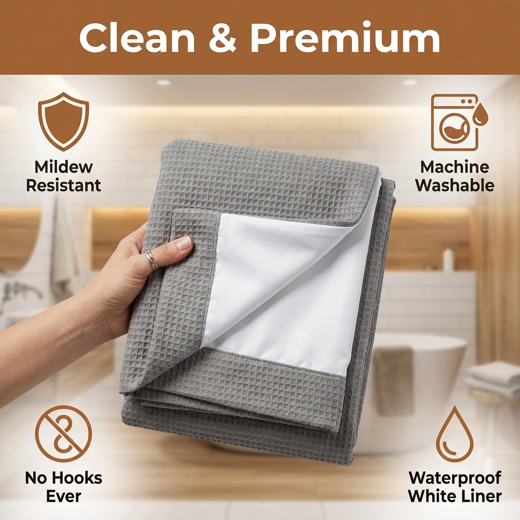 Grey No Hook Shower Curtain with Snap in Liner- Anti mold